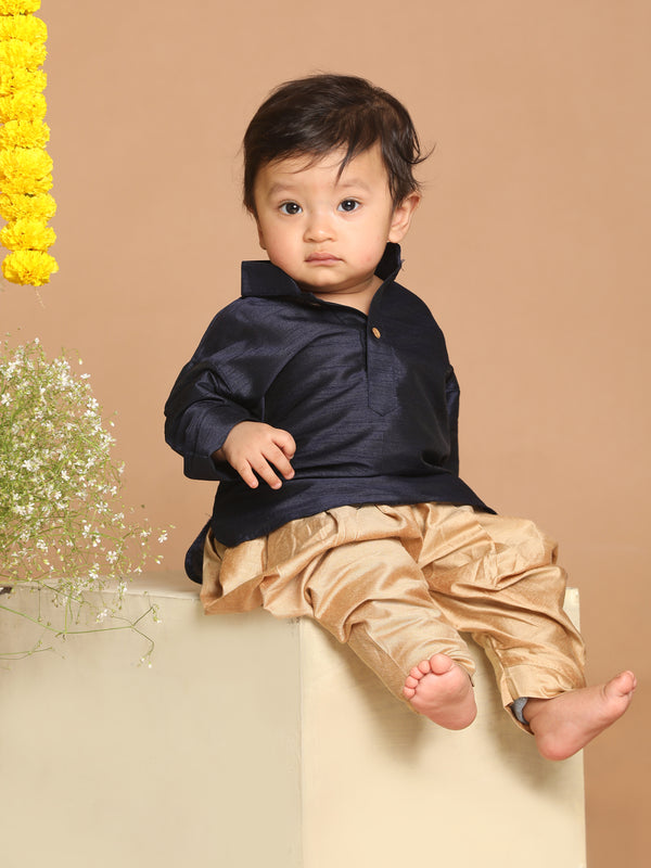 Sishu Boy's Navy Blue Kurta And Rose Gold Dhoti Set