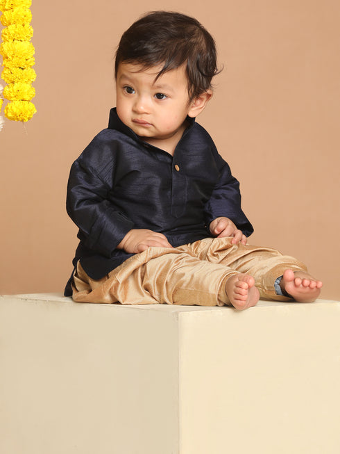 Sishu Boy's Navy Blue Kurta And Rose Gold Dhoti Set
