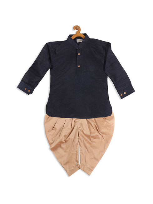 Sishu Boy's Navy Blue Kurta And Rose Gold Dhoti Set