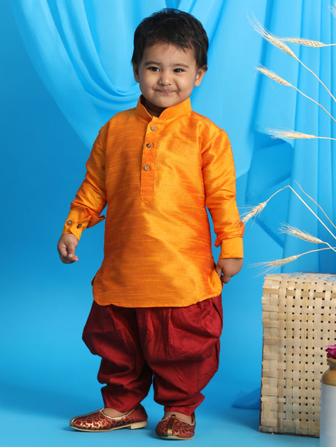 Sishu Boy's Orange Kurta And Maroon Dhoti Set