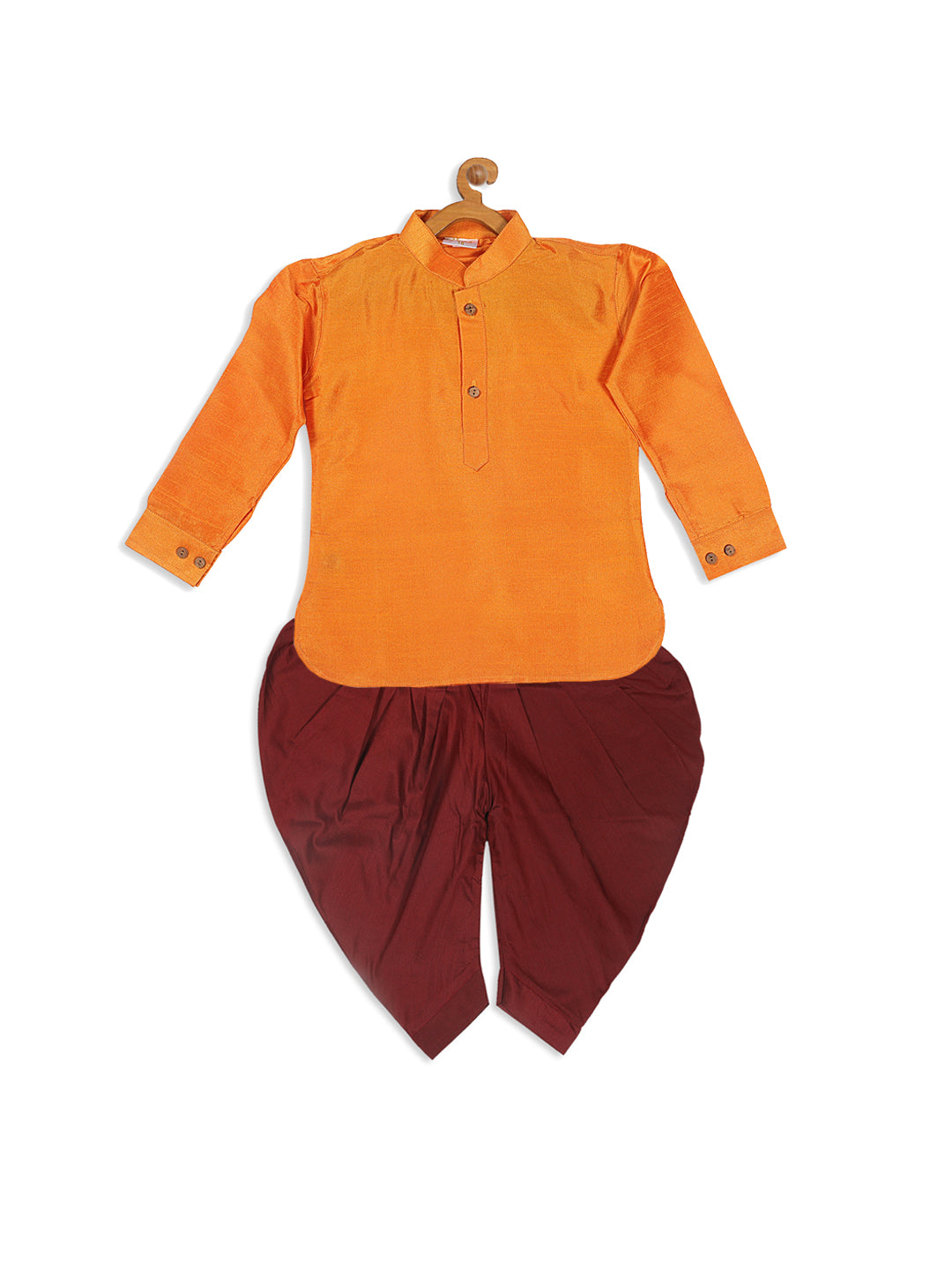 Sishu Boy's Orange Kurta And Maroon Dhoti Set