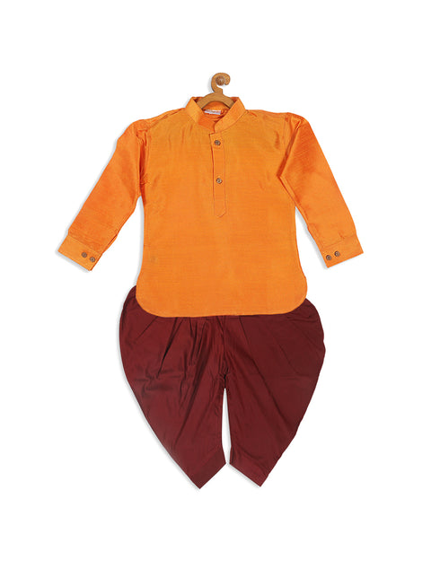 Sishu Boy's Orange Kurta And Maroon Dhoti Set