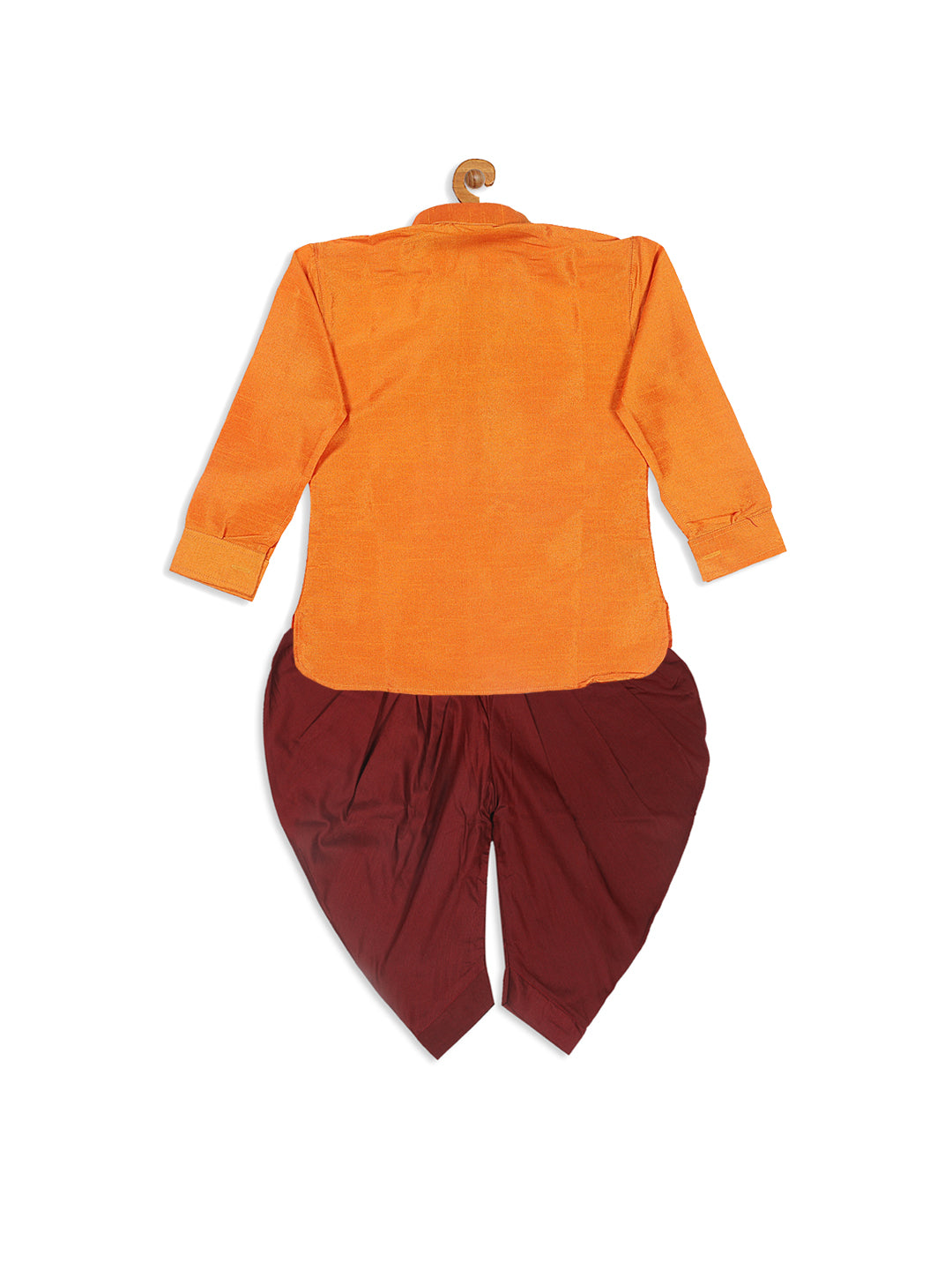 Sishu Boy's Orange Kurta And Maroon Dhoti Set