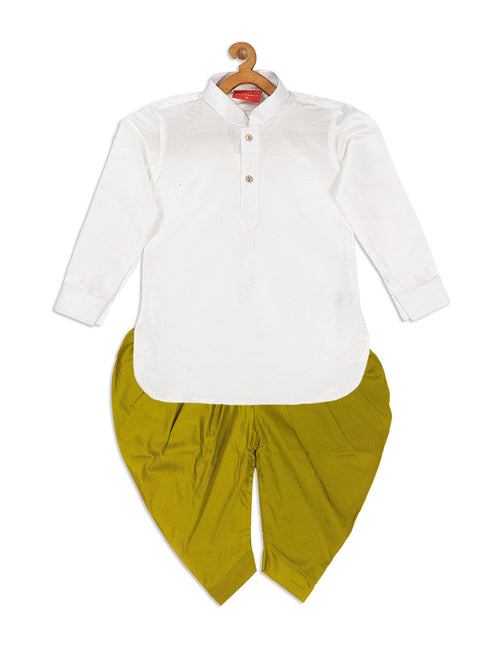 Boy's White & Light Green Kurta With Dhoti Pant Set