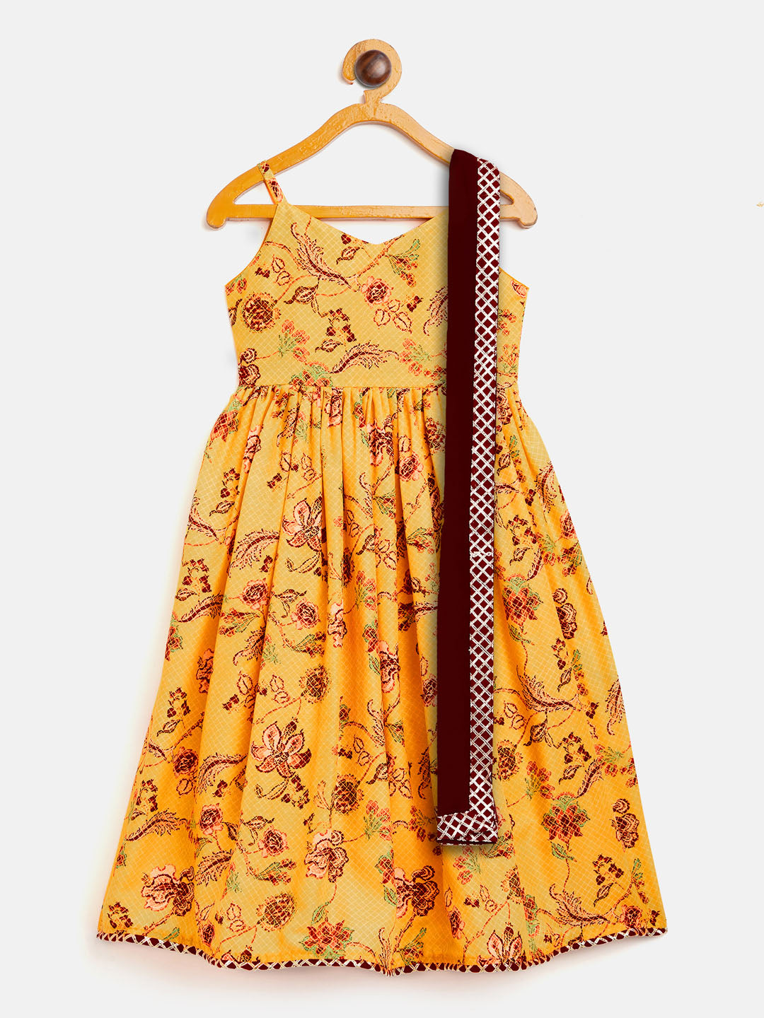 Sishu Girl's Yellow Floral Print Anarkali Kurta With Dupatta