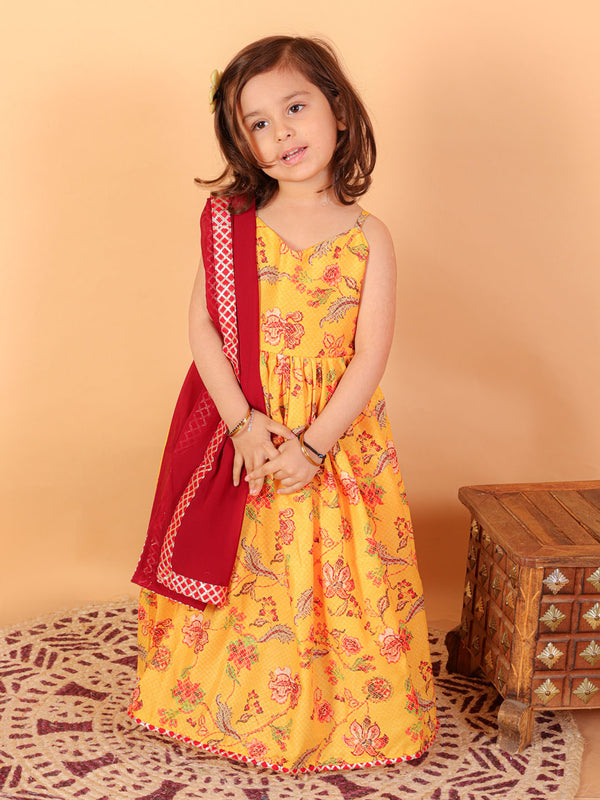 Sishu Girl's Yellow Floral Print Anarkali Kurta With Dupatta
