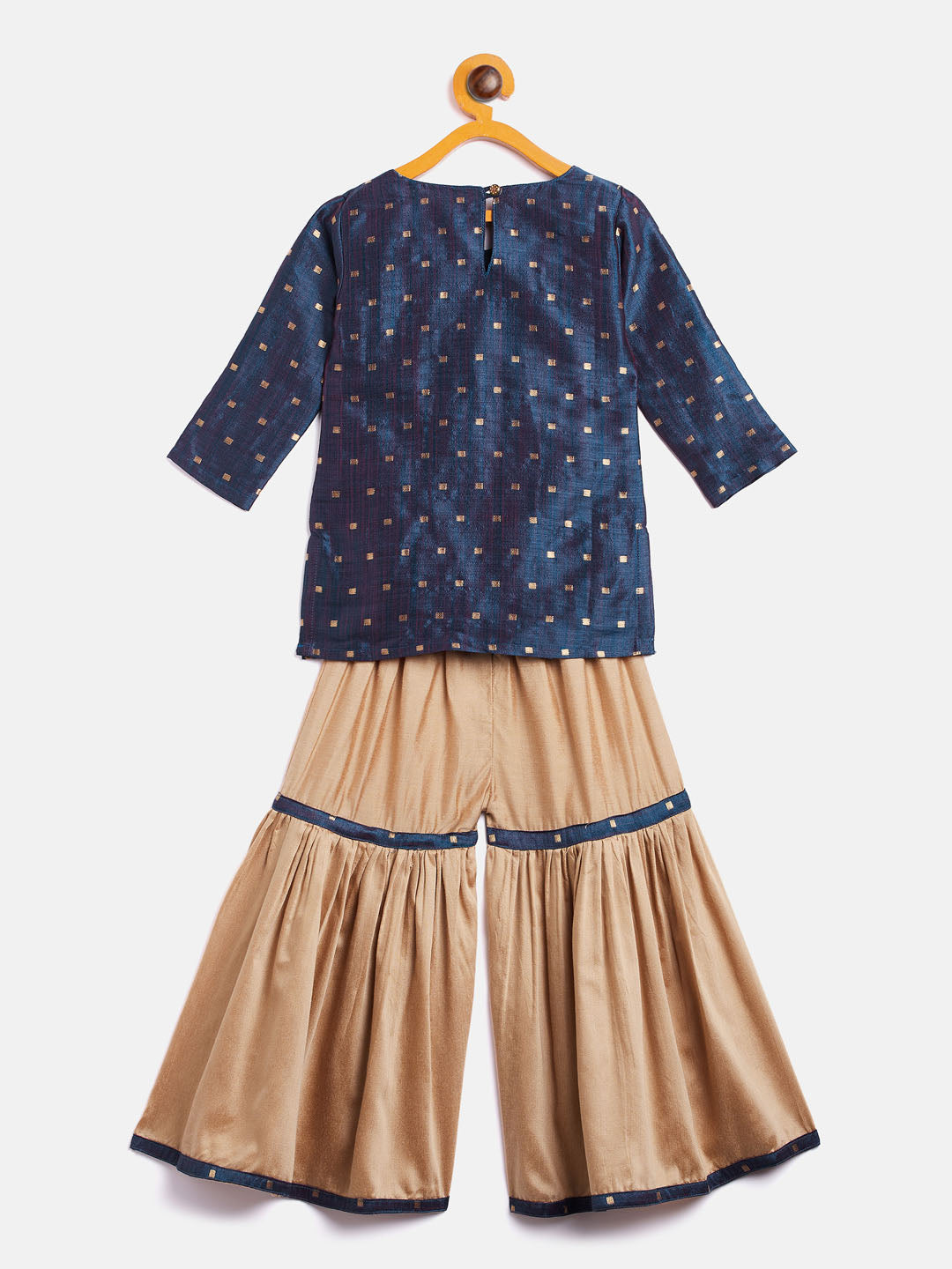 Sishu Girl's' Blue Zari Kurta And Rose Gold Sharara Set