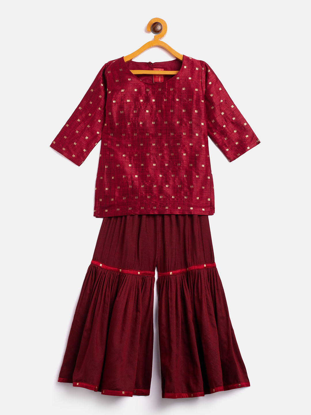 Sishu Girl's' Maroon Zari Kurta And Maroon Sharara Set