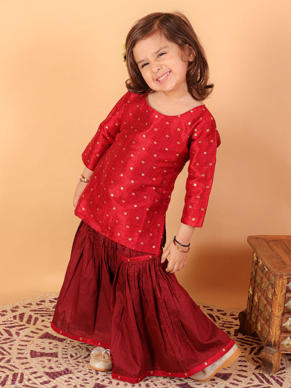 Sishu Girl's' Maroon Zari Kurta And Maroon Sharara Set