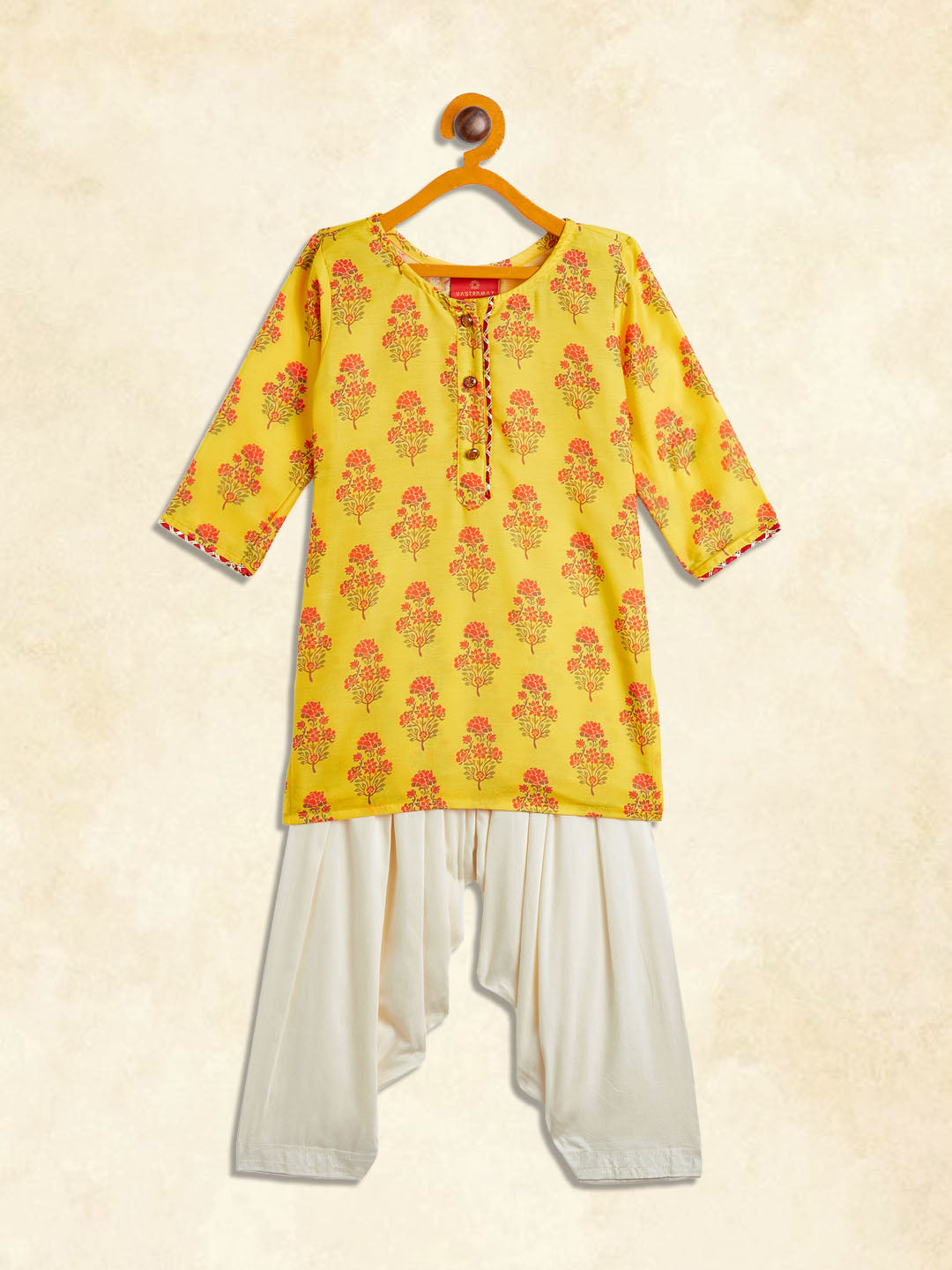 Sishu Girl's Orange-Base-Printed Cotton Blend Kurta Patiyala Set