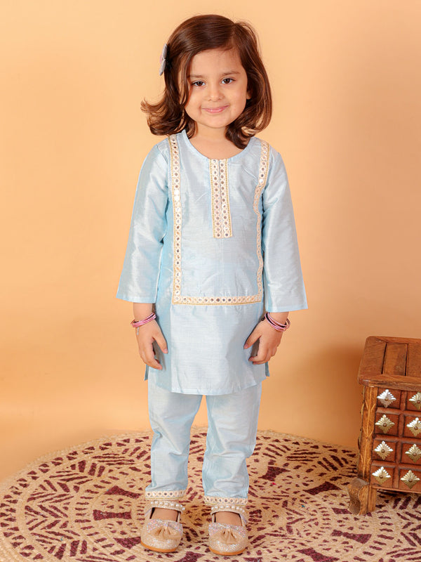 Sishu Girl's' Aqua Blue Viscose Kurta And Straight Pant Set