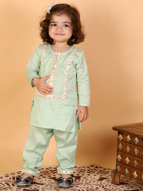 Sishu Girl's' Mint Green Viscose Kurta And Straight Pant Set