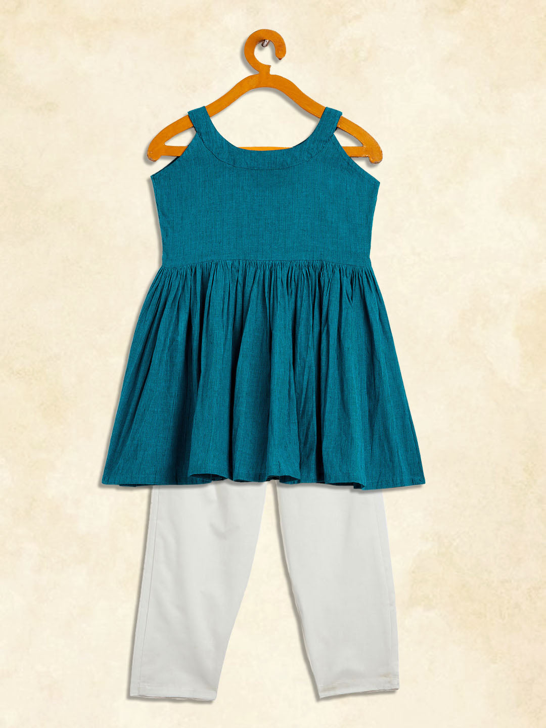 Sishu Girl's Aqua Striped Handloom Kurta With Cream Pyjama Set