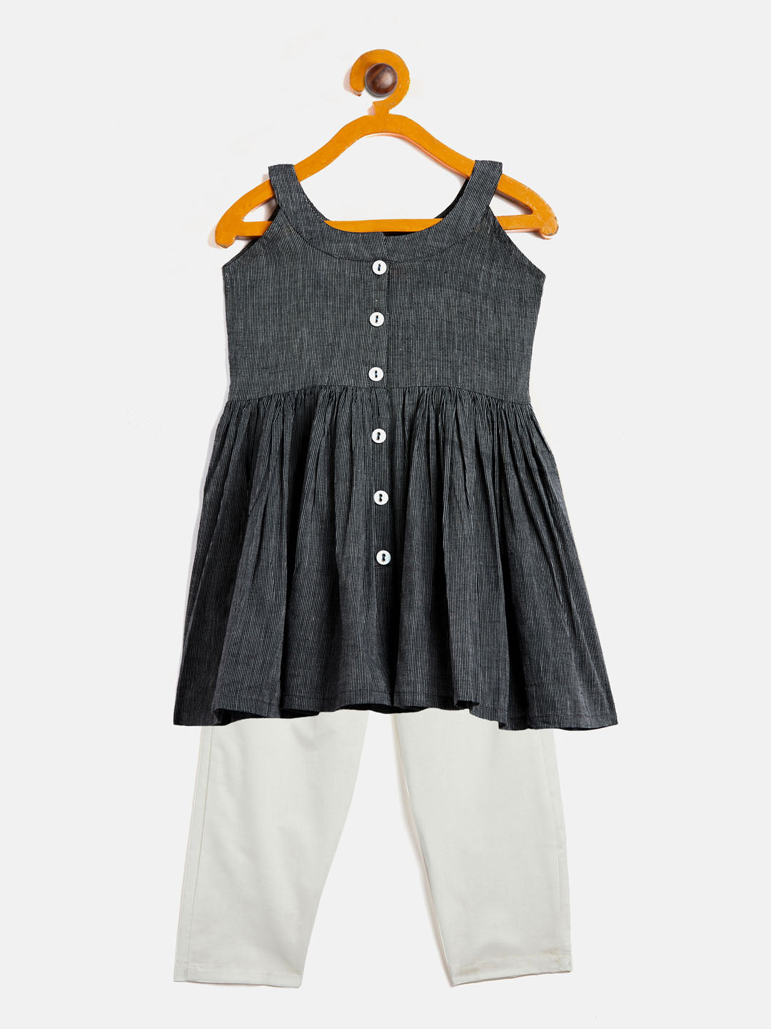 Sishu Girl's Black Striped Handloom Kurta With Cream Pyjama Set