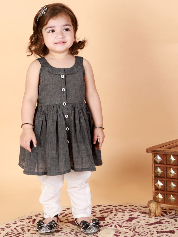 Sishu Girl's Black Striped Handloom Kurta With Cream Pyjama Set