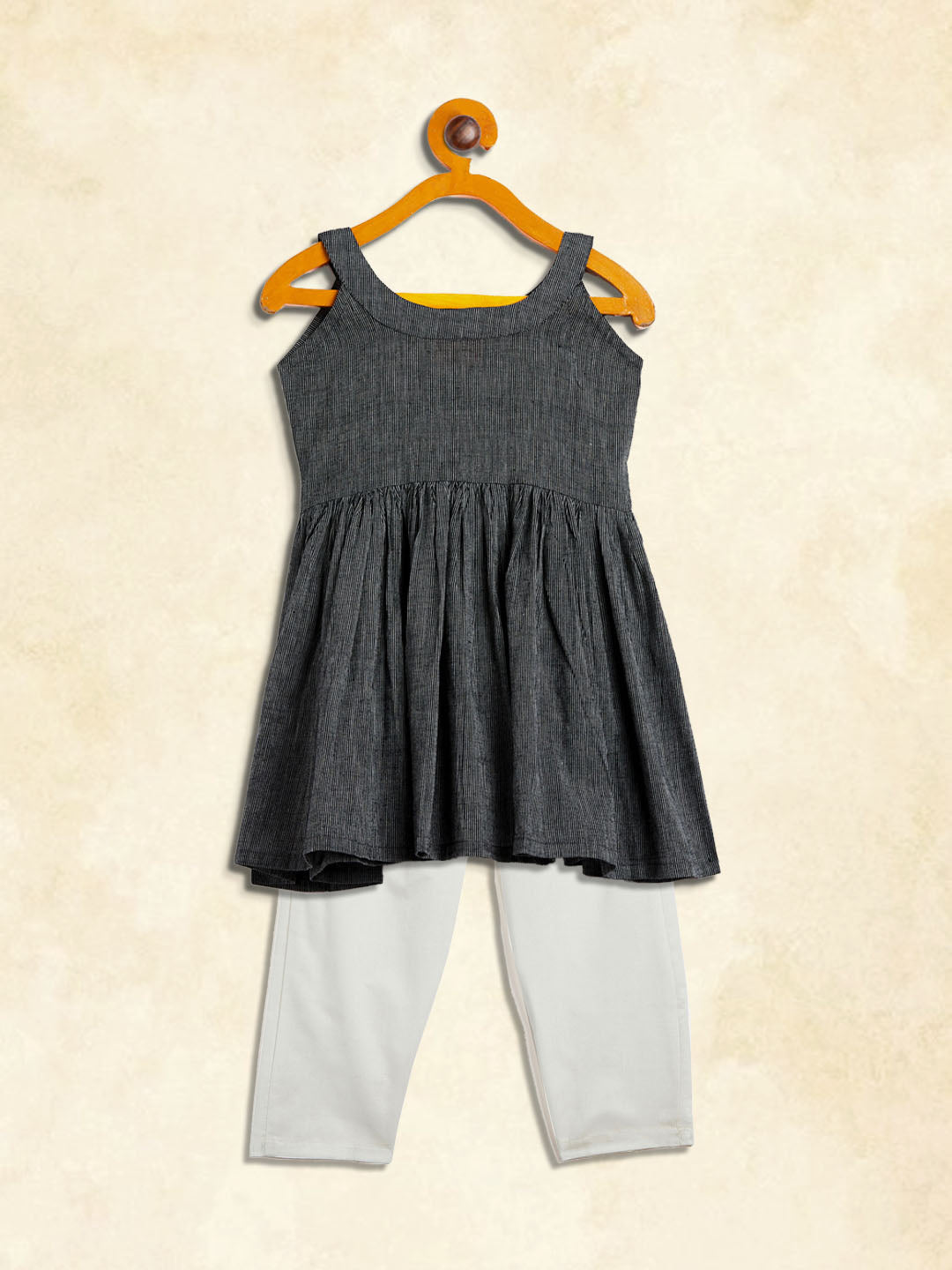 Sishu Girl's Black Striped Handloom Kurta With Cream Pyjama Set