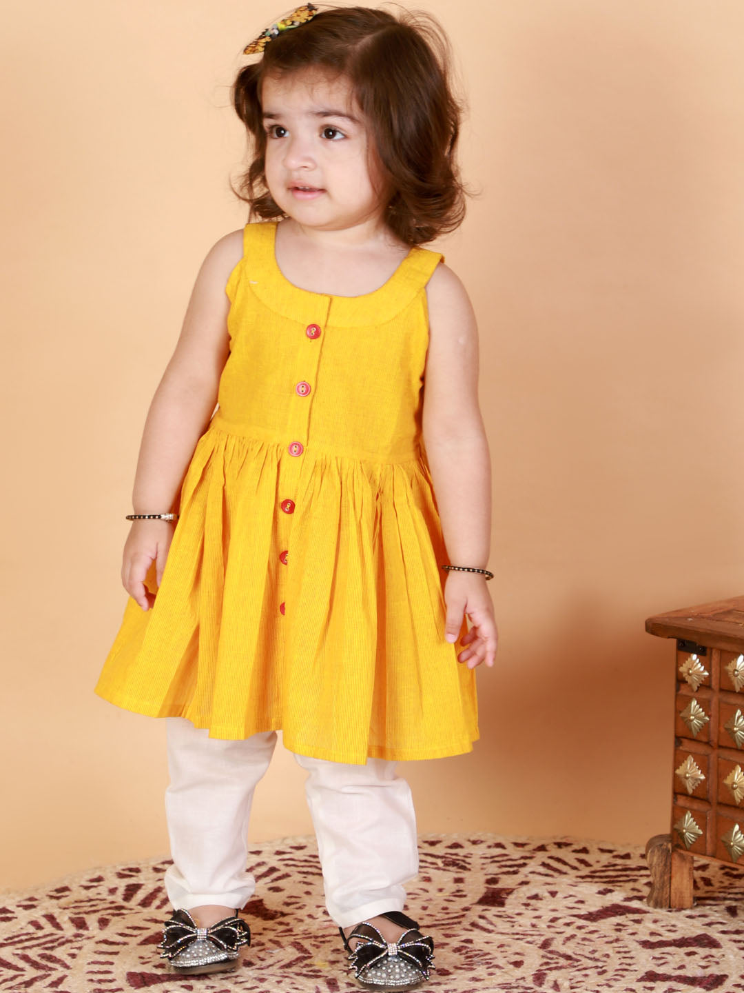 Girl's Mustard Striped Handloom Kurta With Cream Pyjama Set