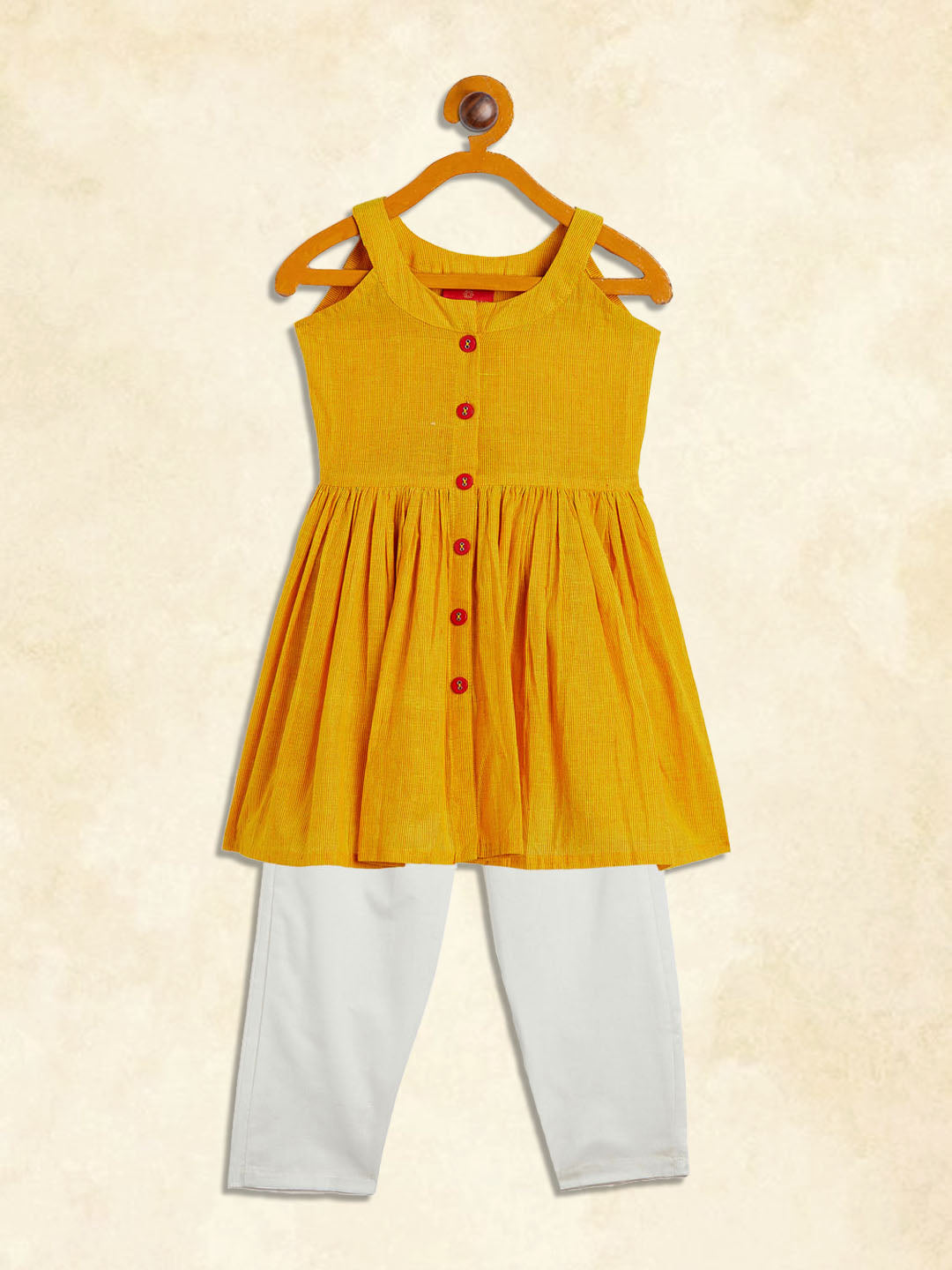 Girl's Mustard Striped Handloom Kurta With Cream Pyjama Set