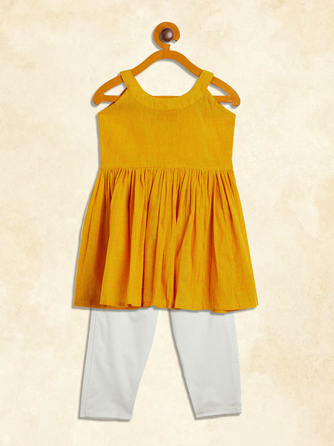 Girl's Mustard Striped Handloom Kurta With Cream Pyjama Set