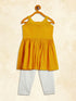 Girl's Mustard Striped Handloom Kurta With Cream Pyjama Set