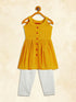 Girl's Mustard Striped Handloom Kurta With Cream Pyjama Set