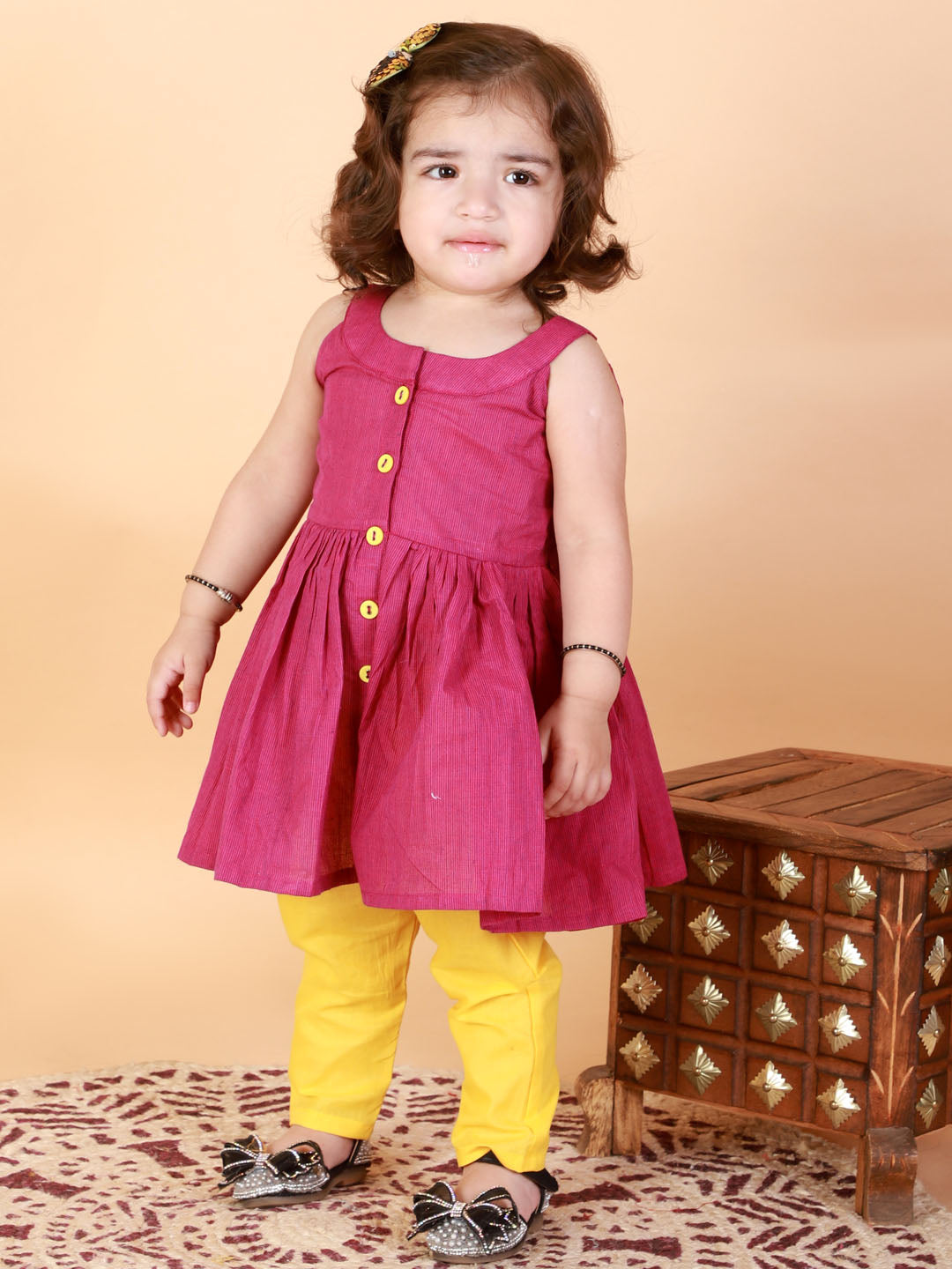 Sishu Girl's Purple Striped Handloom Kurta With Yellow Pyjama Set