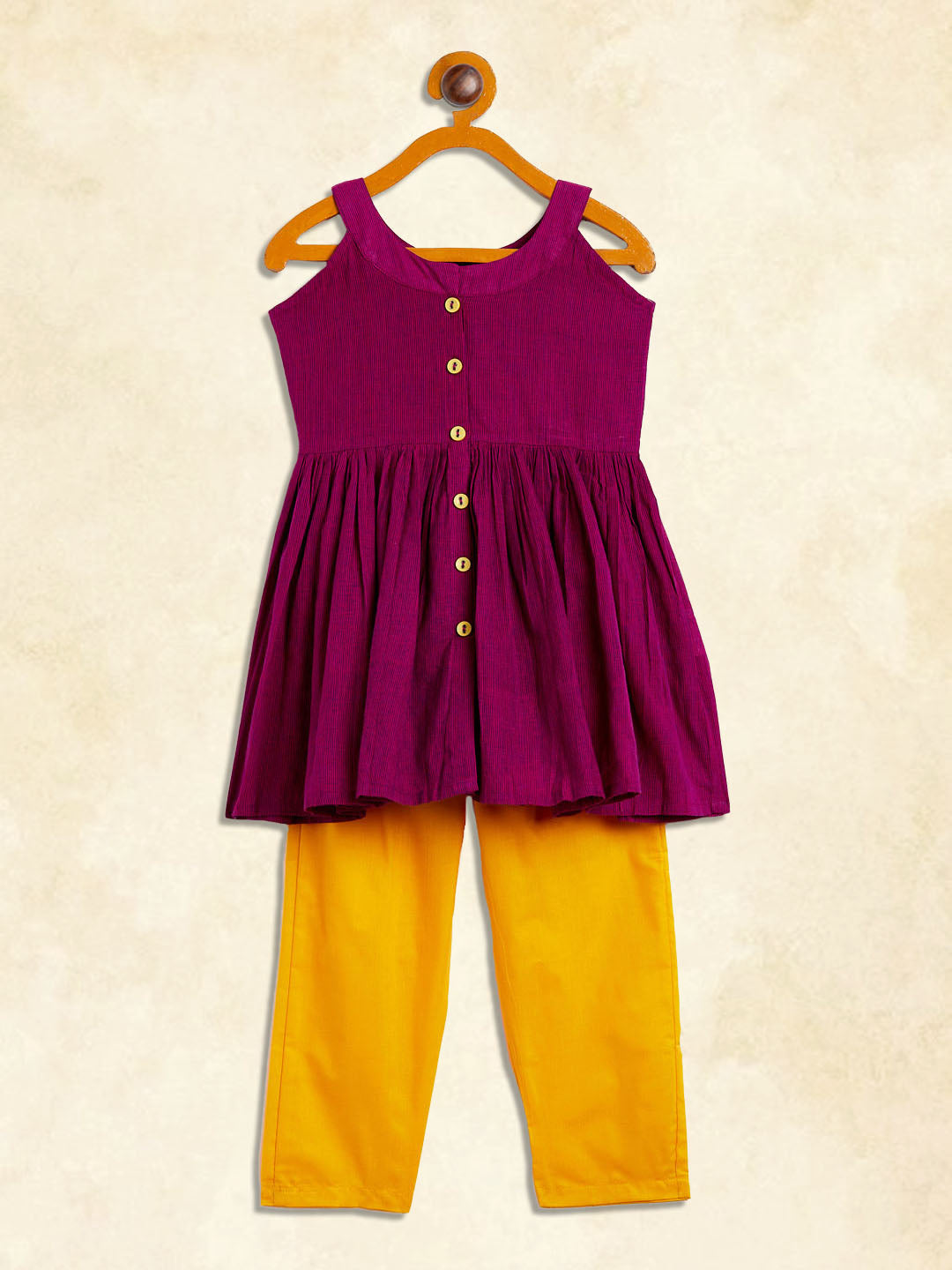 Sishu Girl's Purple Striped Handloom Kurta With Yellow Pyjama Set