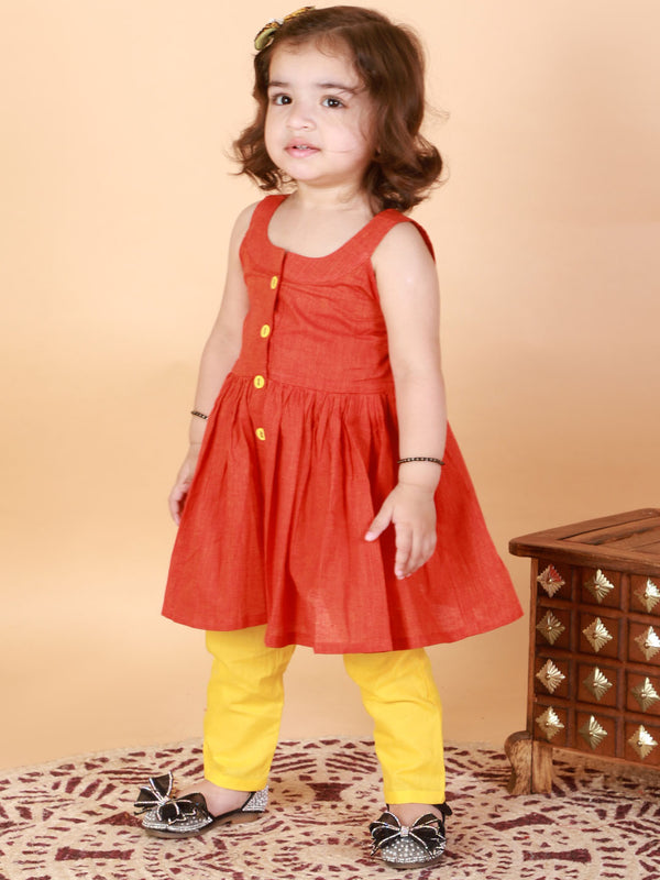 Sishu Girl's Red Striped Handloom Kurta With Yellow Pyjama Set