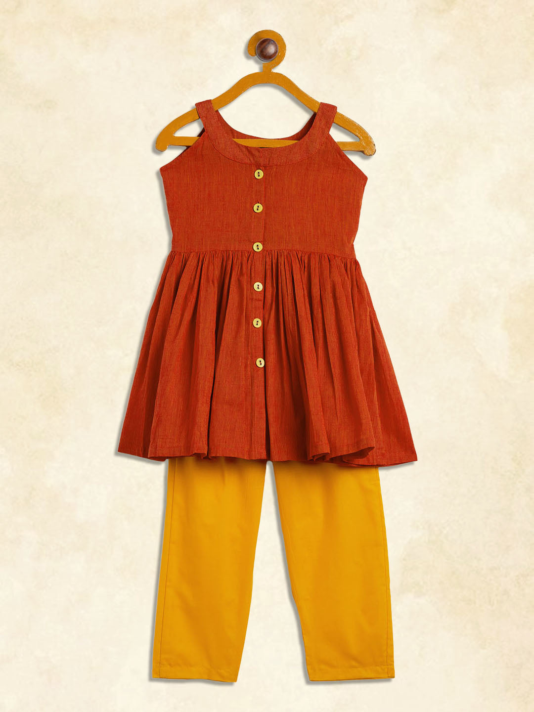 Sishu Girl's Red Striped Handloom Kurta With Yellow Pyjama Set