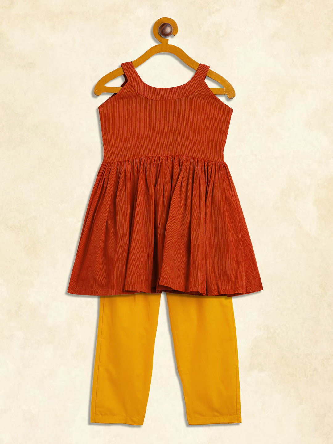 Sishu Girl's Red Striped Handloom Kurta With Yellow Pyjama Set