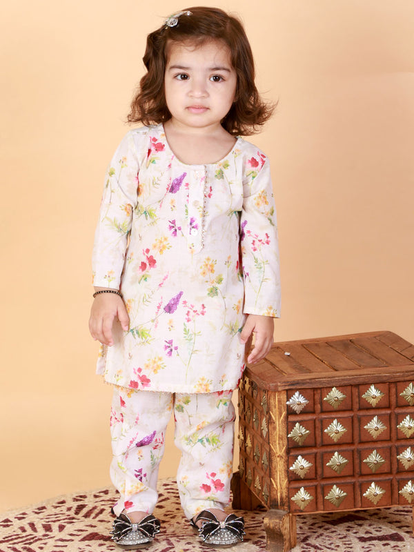 Sishu Girl's Multicolor-Base Cream Kurta Pant Set