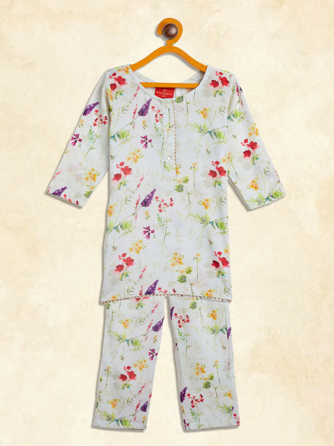 Sishu Girl's Multicolor-Base Cream Kurta Pant Set
