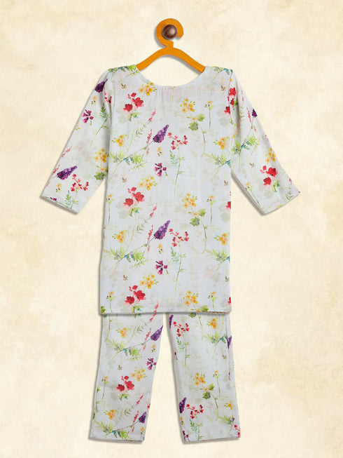 Sishu Girl's Multicolor-Base Cream Kurta Pant Set