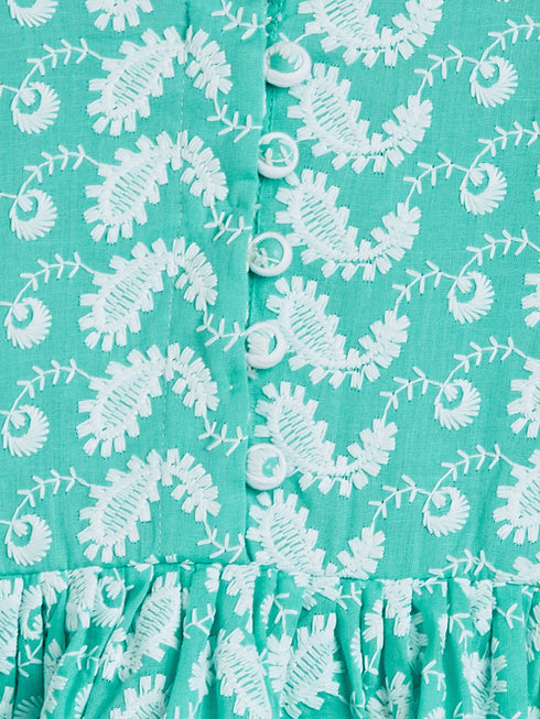 Sishu Girl's Green And White Chikankari Kurta Leggings Set