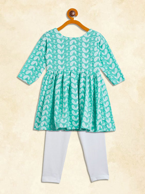 Sishu Girl's Green And White Chikankari Kurta Leggings Set