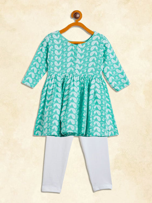 Sishu Girl's Green And White Chikankari Kurta Leggings Set