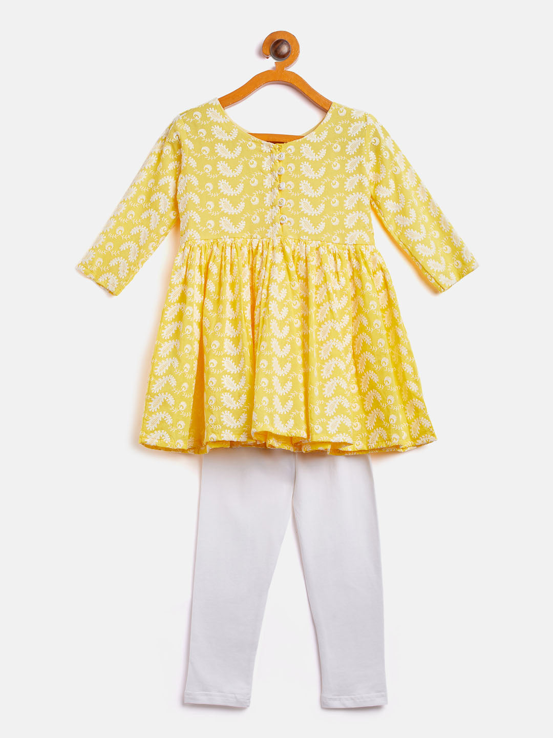 Sishu Girl's Mustard Chikankari Kurta Leggings Set