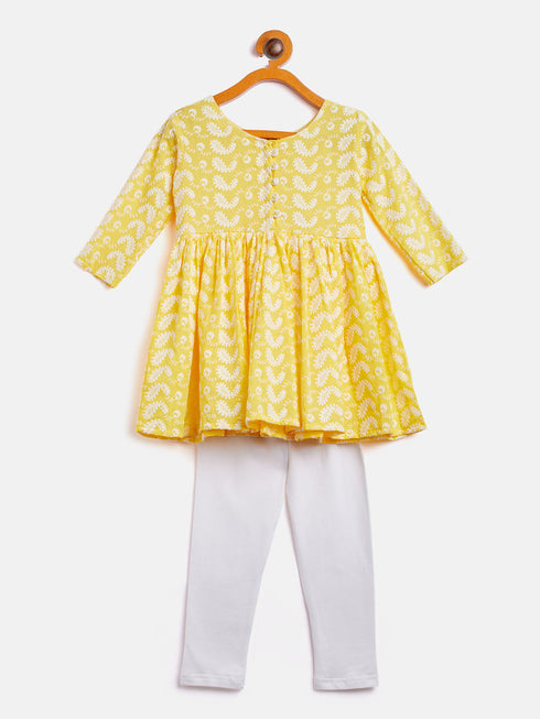 Sishu Girl's Mustard Chikankari Kurta Leggings Set