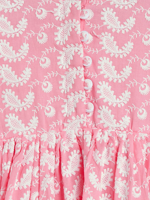 Sishu Girl's Pink And White Chikankari Kurta Leggings Set