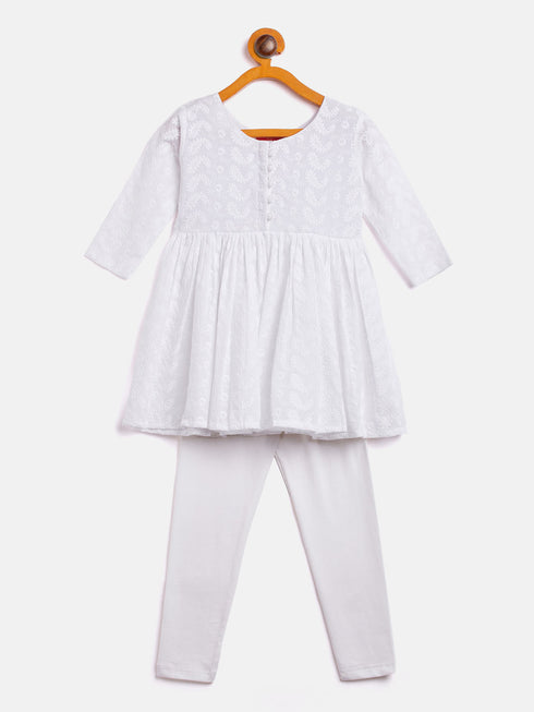 Sishu Girl's White Chikankari Kurta Leggings Set