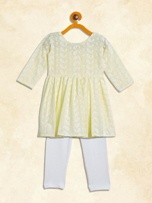 Sishu Girl's Yellow And White Chikankari Kurta Leggings Set