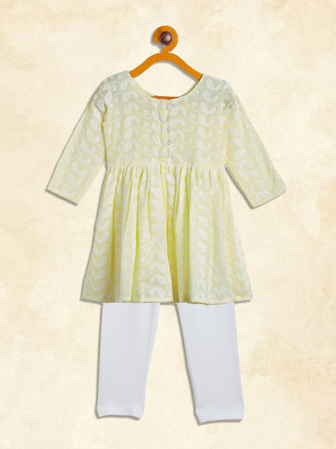 Sishu Girl's Yellow And White Chikankari Kurta Leggings Set