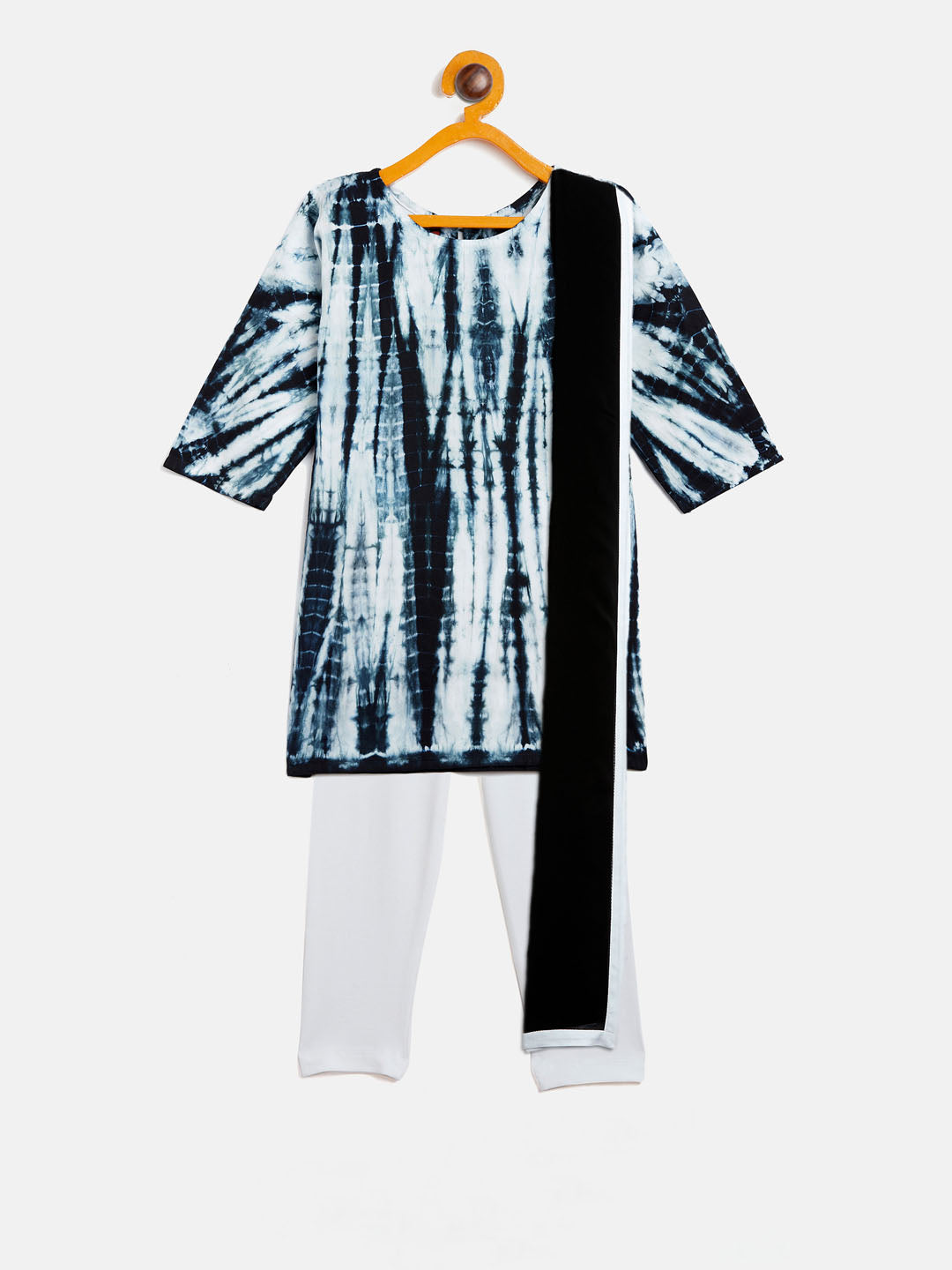 Sishu Girl's Black & White Pure Cotton Tie-Dye Kurta Leggings & Dupatta Set