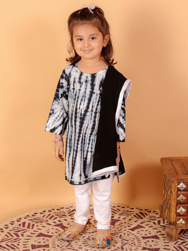 Sishu Girl's Black & White Pure Cotton Tie-Dye Kurta Leggings & Dupatta Set
