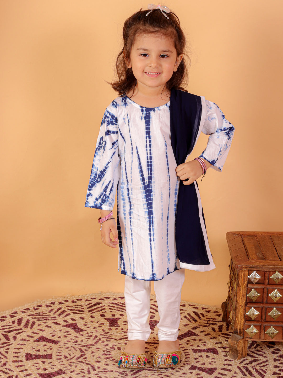 Sishu Girl's Blue & White Pure Cotton Tie-Dye Kurta Leggings & Dupatta Set