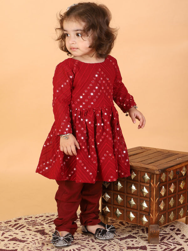 Sishu Girl's Maroon Mirror Kurta Pyjama Set