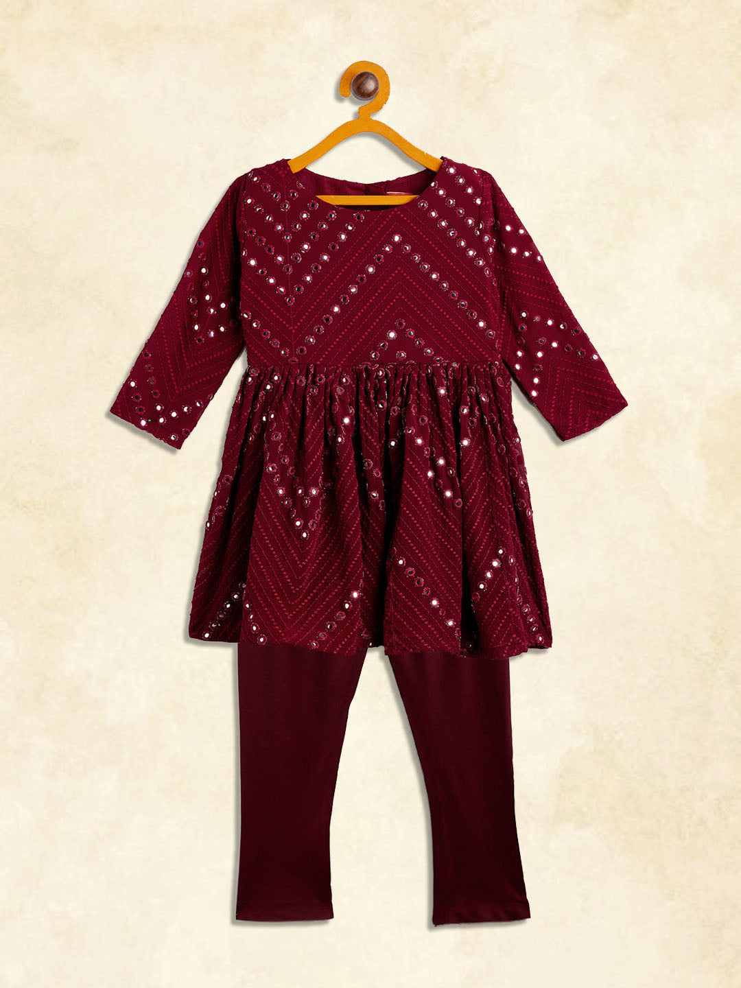 Sishu Girl's Maroon Mirror Kurta Pyjama Set