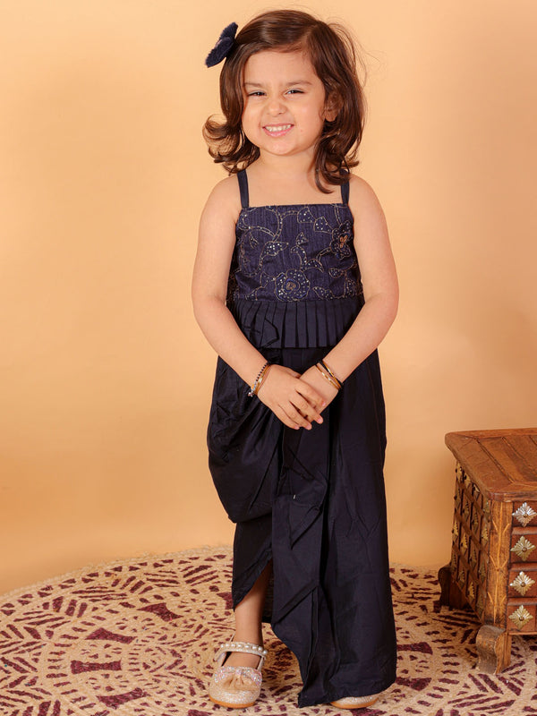 Sishu Girl's Navy Blue Draped Skirt With Crop Top