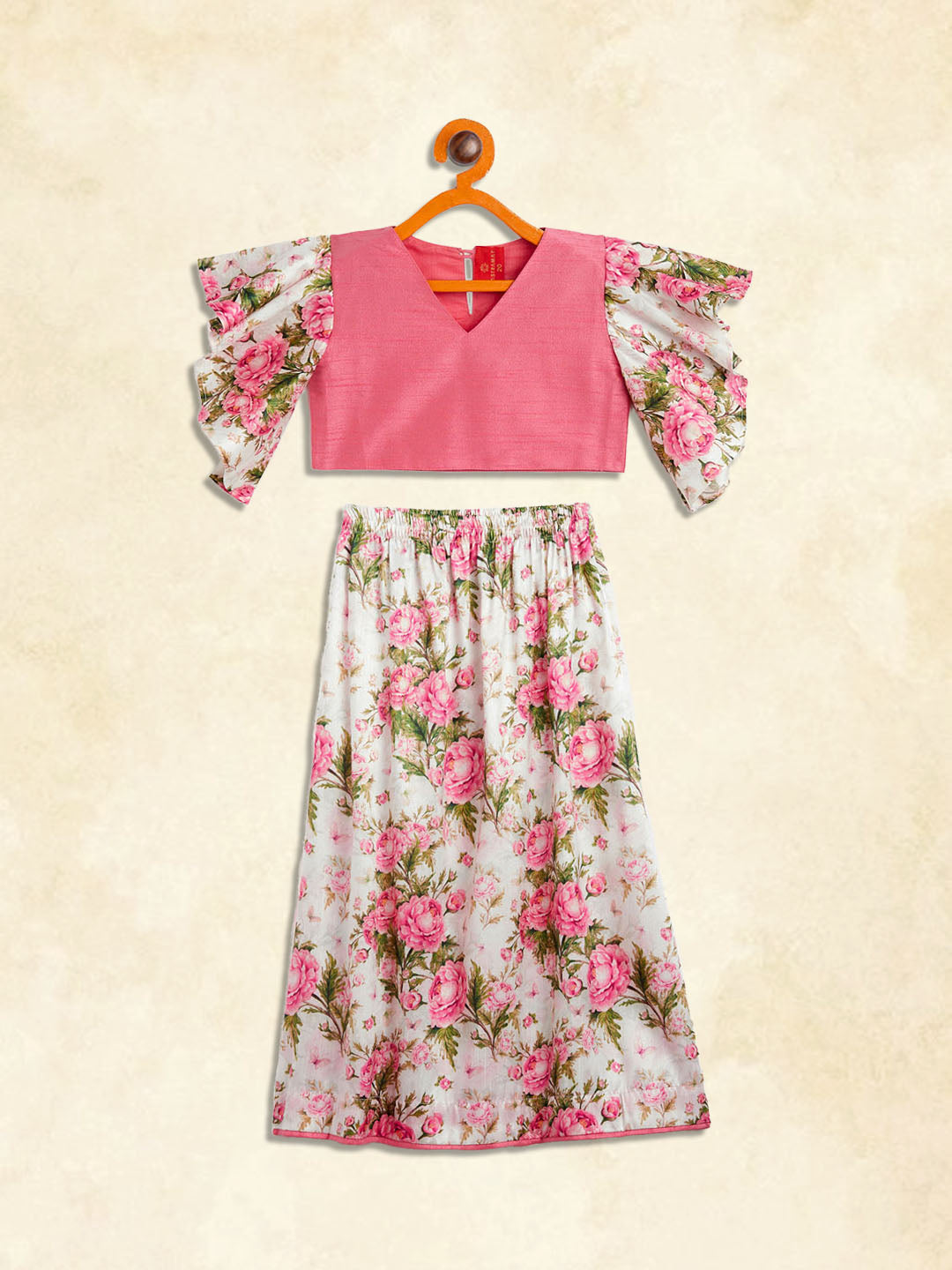 Sishu Girl's Pink Printed Skirt And Ruffle Sleeves Crop Top Set
