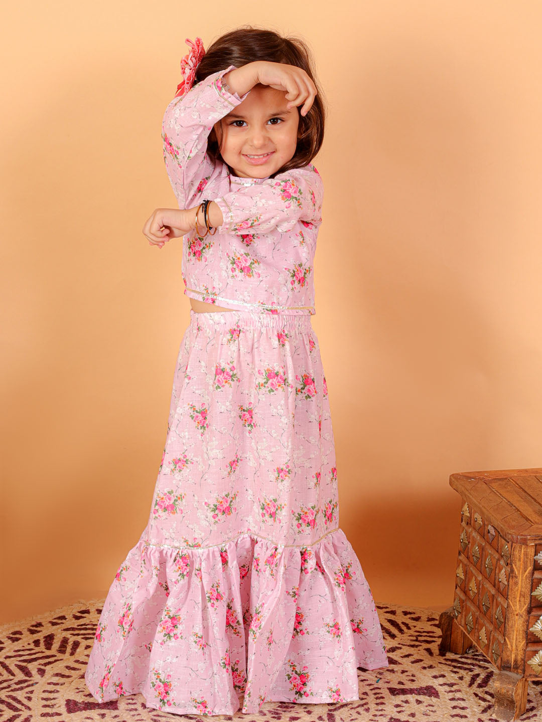 Sishu Girl's Printed Linen Crop Top And Ruffle Skirt Set